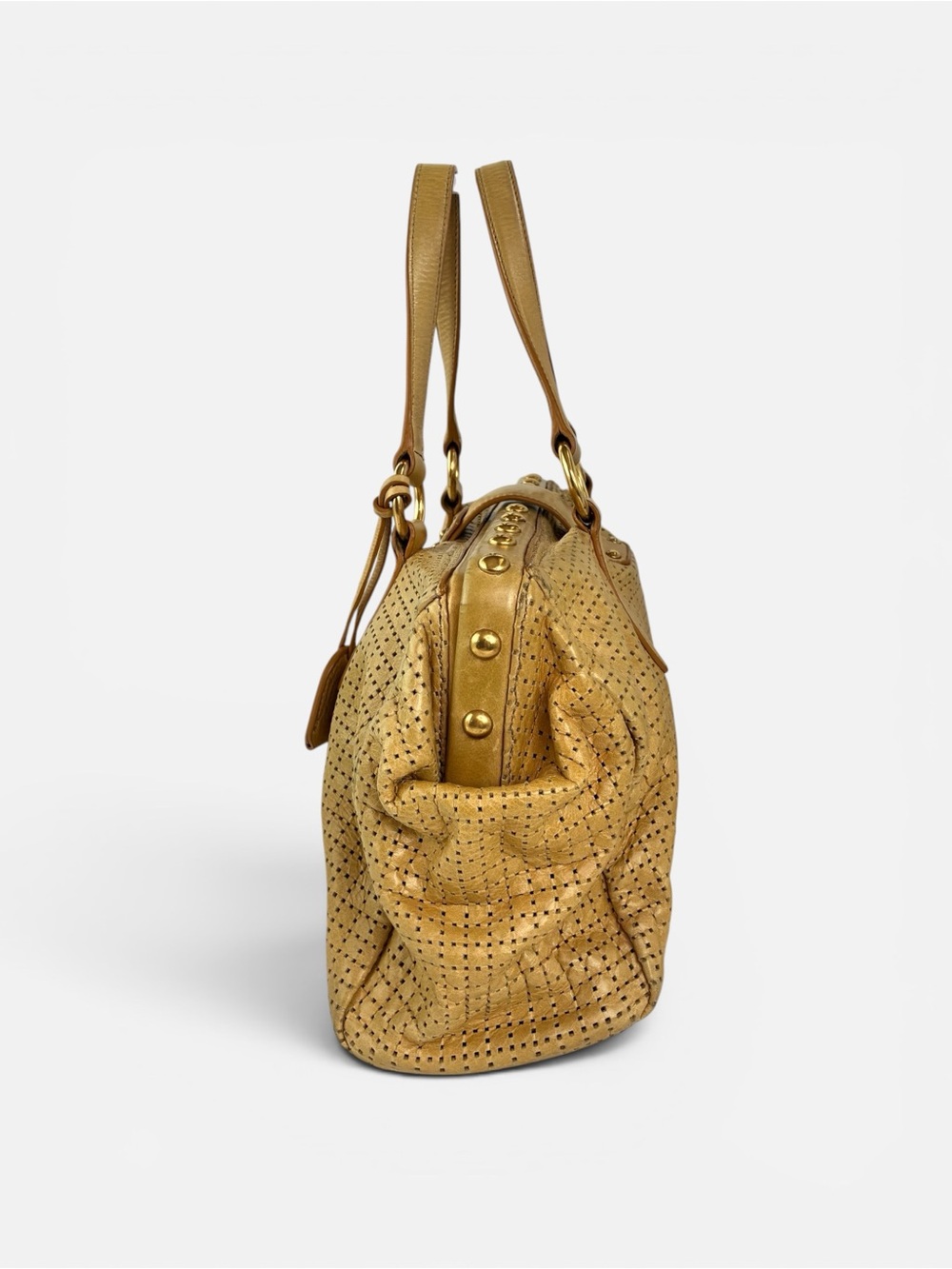 Miu Miu Perforated Gold-Tan Leather Satchel - Picture 3 of 12